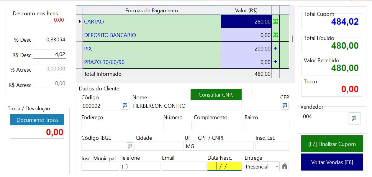 Fechamento da venda com várias formas de pagamento