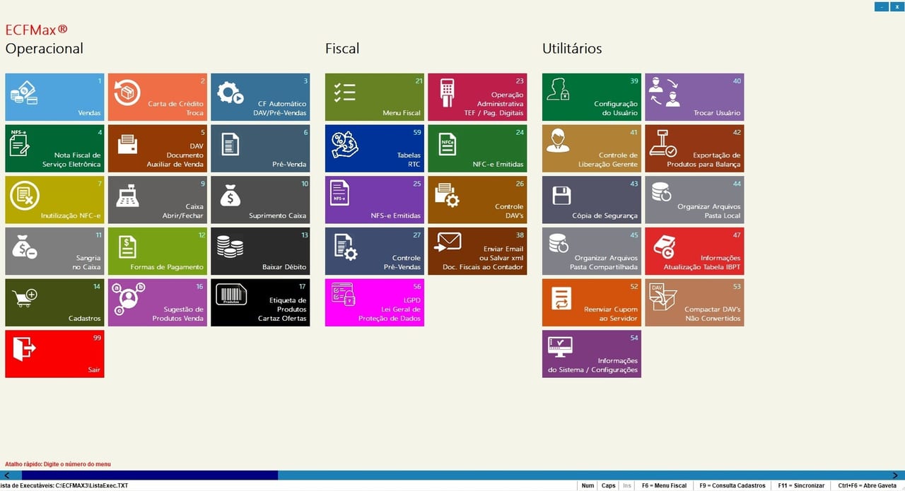 Menu principal do ECFMax