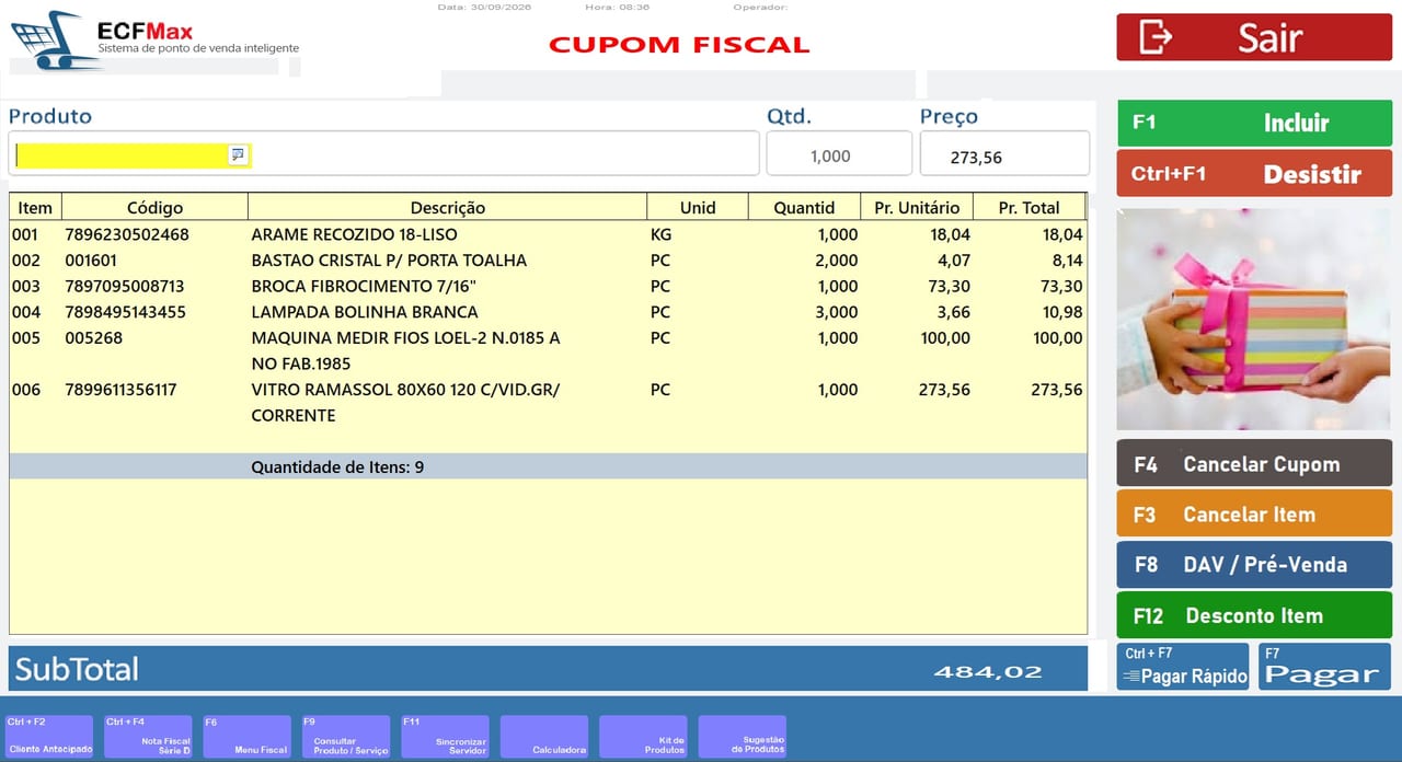 Tela de venda com NFC-e no ECFMax